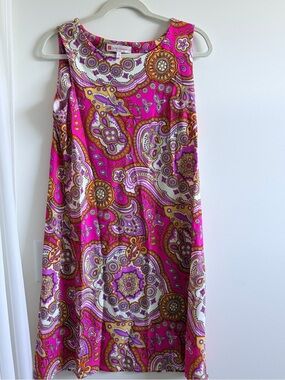 Jude Connally Pink, Purple and Gold Retro Paisley Sleeveless Shift Dress